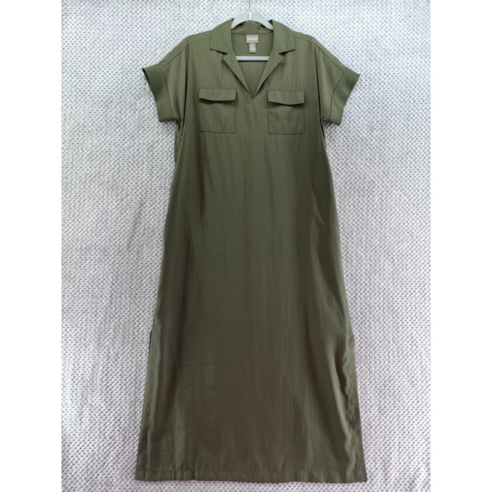 Chicos Dress Women 0 S/4 Green Utility Shirt Maxi Dress Cap Sleeve V-Neck Collar